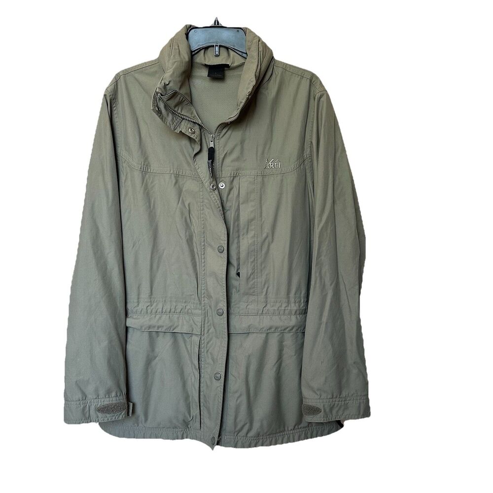 REI Jacket Womens Lg Hidden Hood Army Green Zip Pocket Outdoors Utility Gorpcore